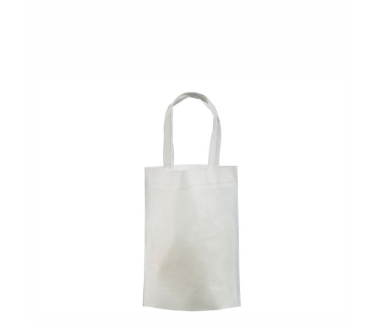 Valge non woven riidest kott. Mõõdud: 29x35+11 cm.